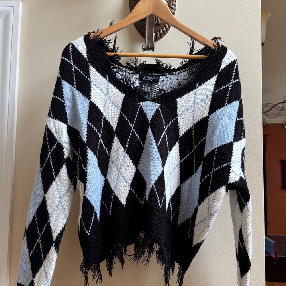 Black, Blue and White Argyle Sweater with Frayed Hem